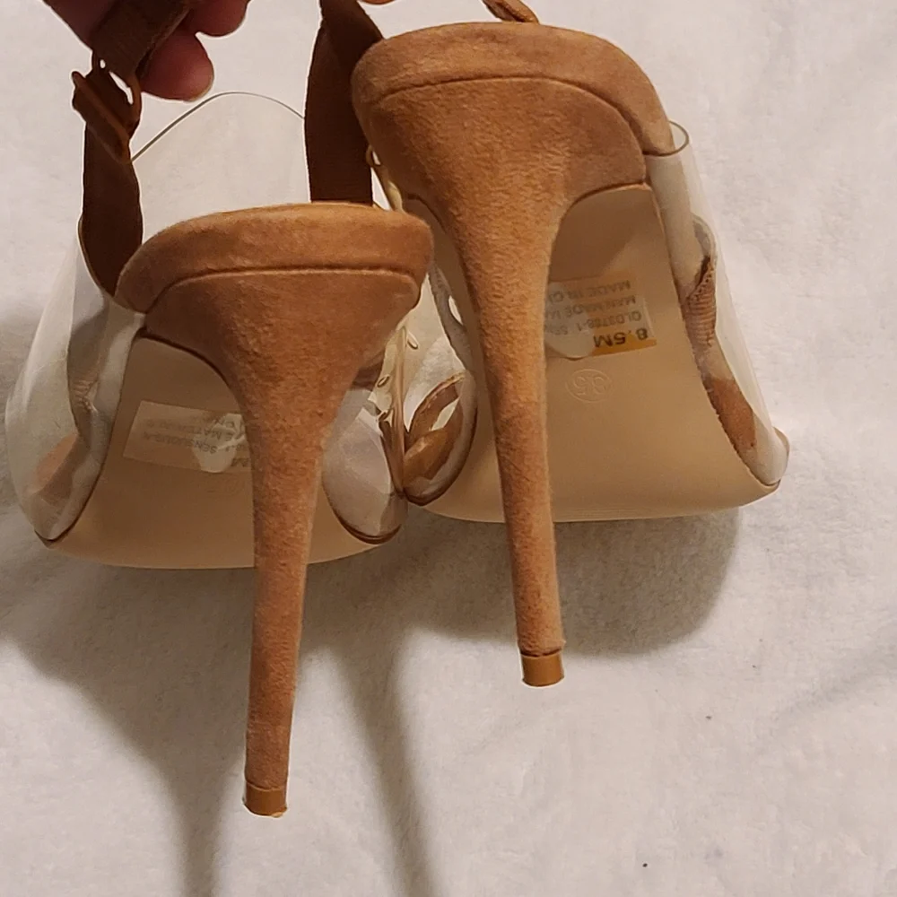 Fashion Nova | Sling back Sandal Heels Faux Suede Nude Size 8.5